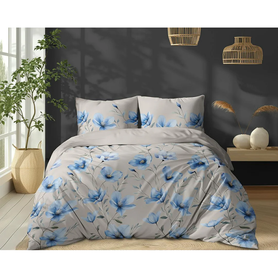 Pościel bawełniana 220x200 beżowa w niebieskie kwiaty magnolii - 5752 B - Floral Harmony — zdjęcie 2