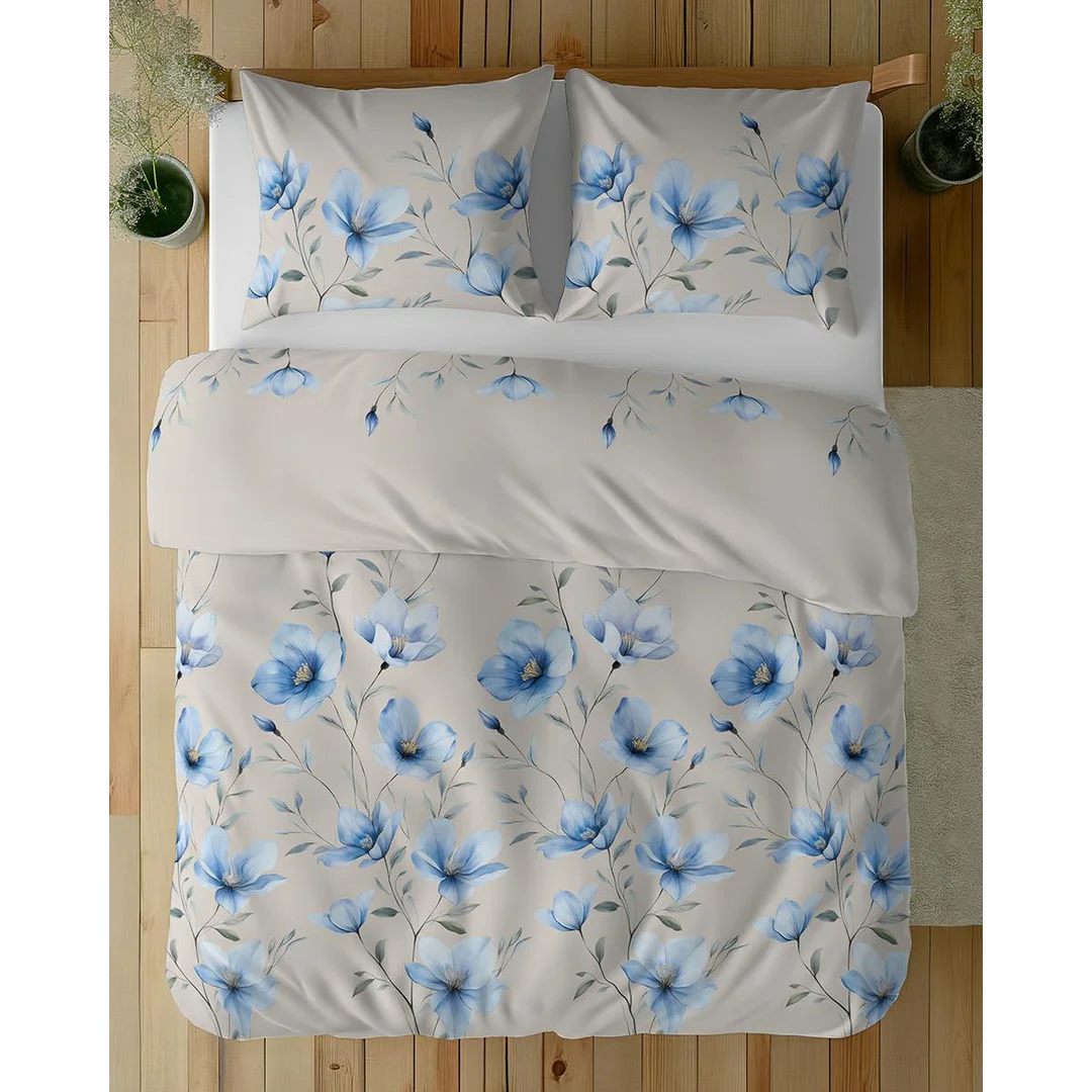 Pościel bawełniana 220x200 beżowa w niebieskie kwiaty magnolii - 5752 B - Floral Harmony — zdjęcie 3