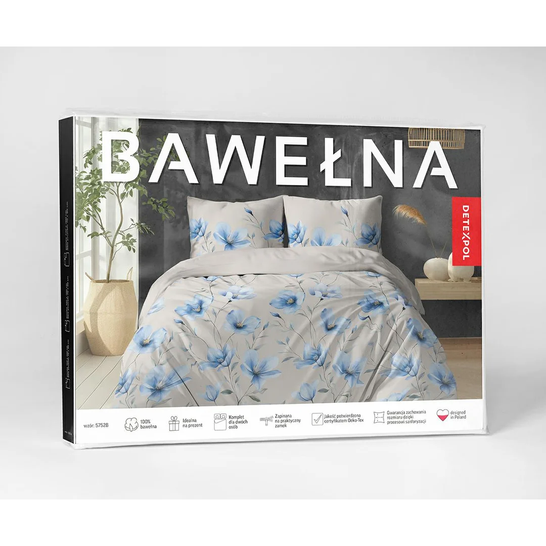 Pościel bawełniana 220x200 beżowa w niebieskie kwiaty magnolii - 5752 B - Floral Harmony — zdjęcie 4