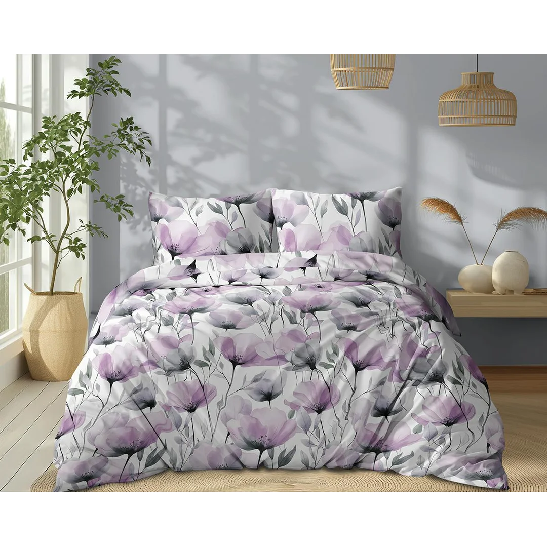 Pościel bawełniana 220x200 biała w akwarelowe fioletowe kwiaty - 5762 A - Floral Harmony — zdjęcie 2
