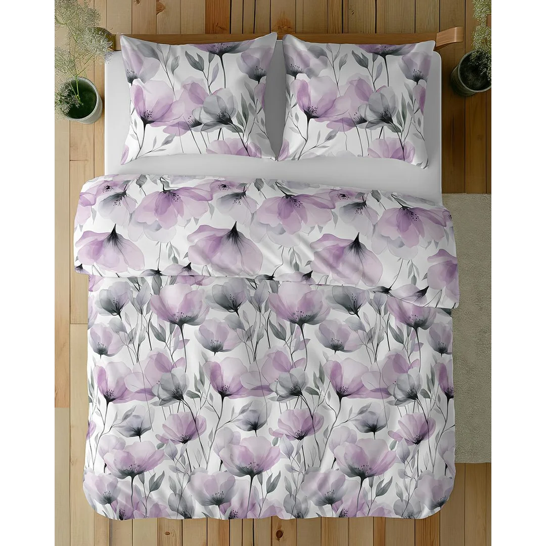 Pościel bawełniana 220x200 biała w akwarelowe fioletowe kwiaty - 5762 A - Floral Harmony — zdjęcie 3