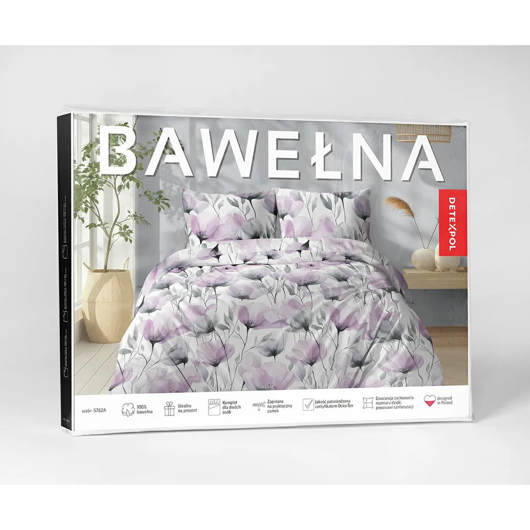 Pościel bawełniana 220x200 biała w akwarelowe fioletowe kwiaty - 5762 A - Floral Harmony — zdjęcie 4