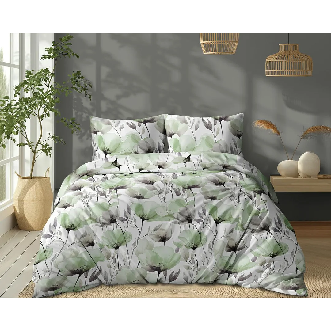Pościel bawełniana 220x200 biała w akwarelowe zielone kwiaty - 5762 B - Floral Harmony — zdjęcie 2