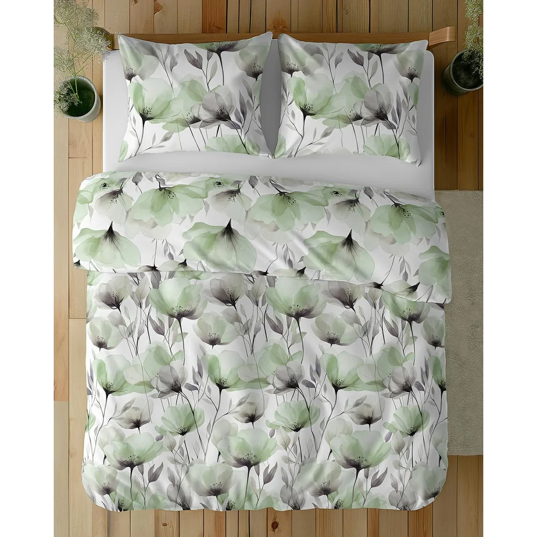 Pościel bawełniana 220x200 biała w akwarelowe zielone kwiaty - 5762 B - Floral Harmony — zdjęcie 3