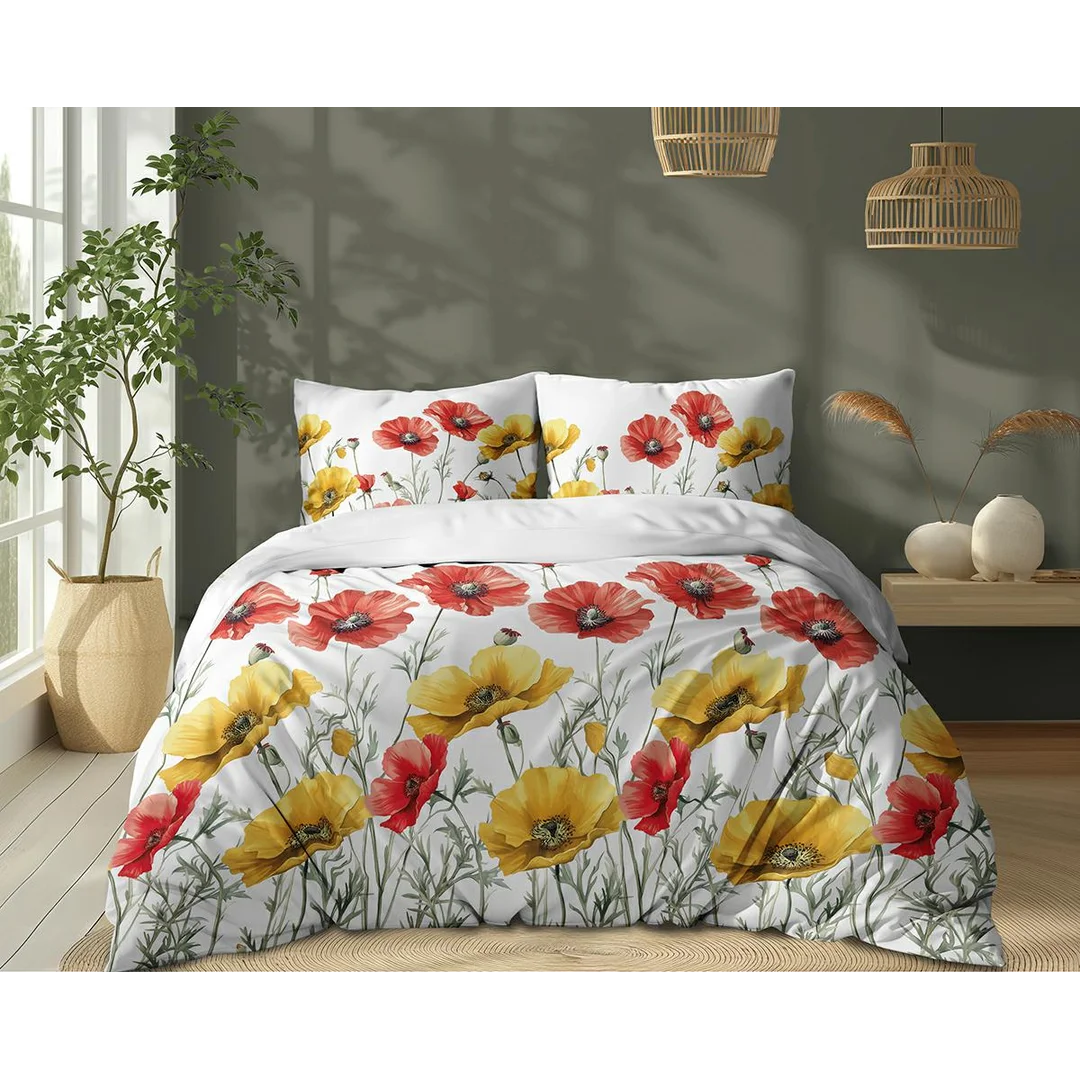 Pościel bawełniana 220x200 biała w czerwone i żółte maki - 5758 A - Floral Harmony — zdjęcie 2