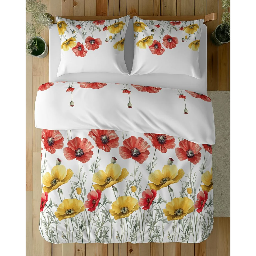 Pościel bawełniana 220x200 biała w czerwone i żółte maki - 5758 A - Floral Harmony — zdjęcie 3