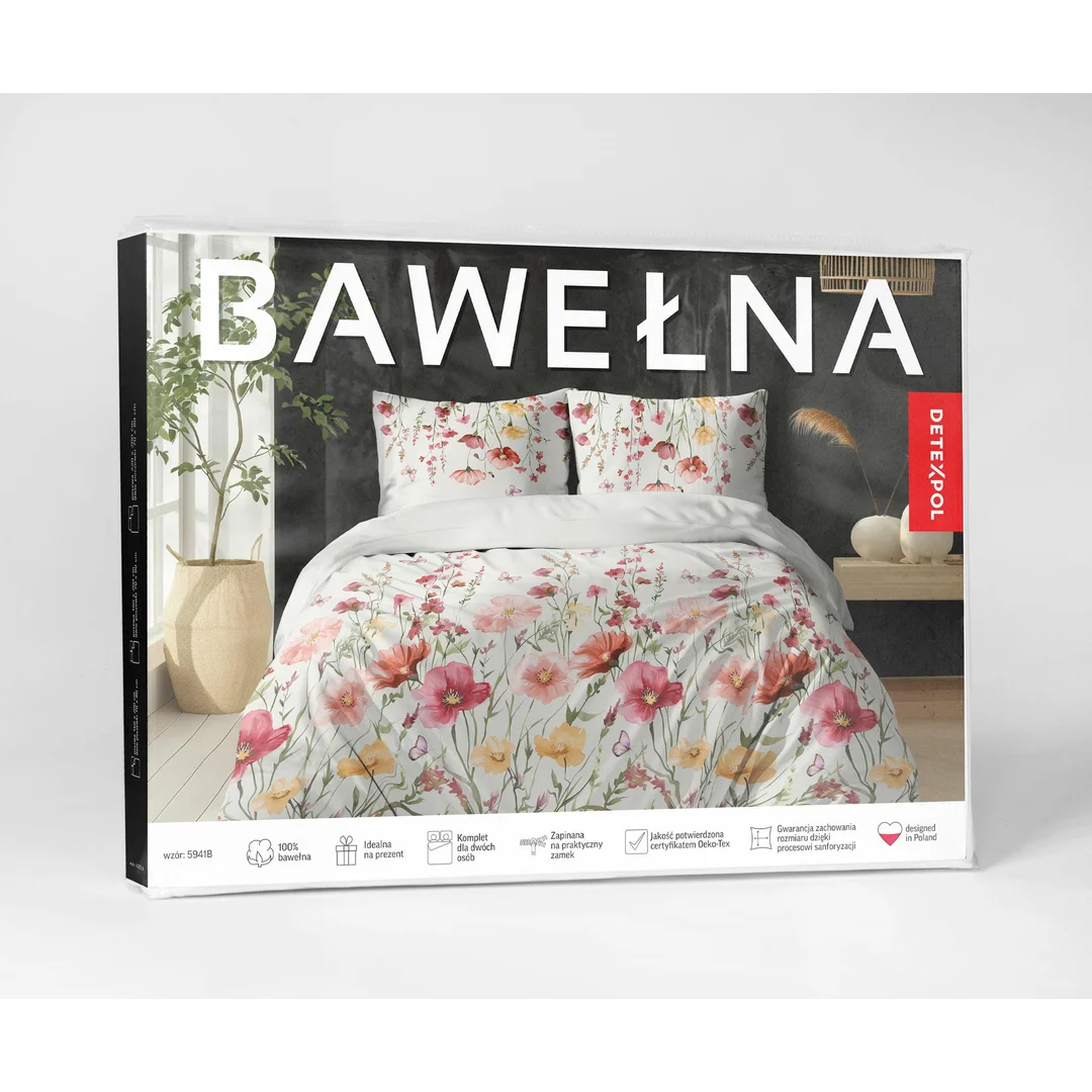 Pościel bawełniana 220x200 biała w czerwone, różowe i żółte kwiaty polne - 5941 B - Botanic Calm — zdjęcie 5