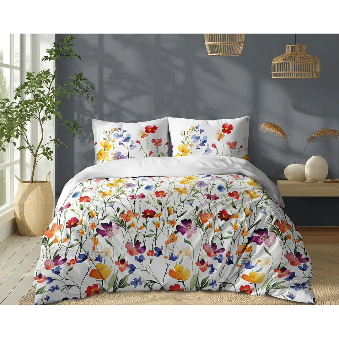 Pościel bawełniana 220x200 biała w kolorowe kwiaty łąkowe - 5761 A - Floral Harmony — zdjęcie 2