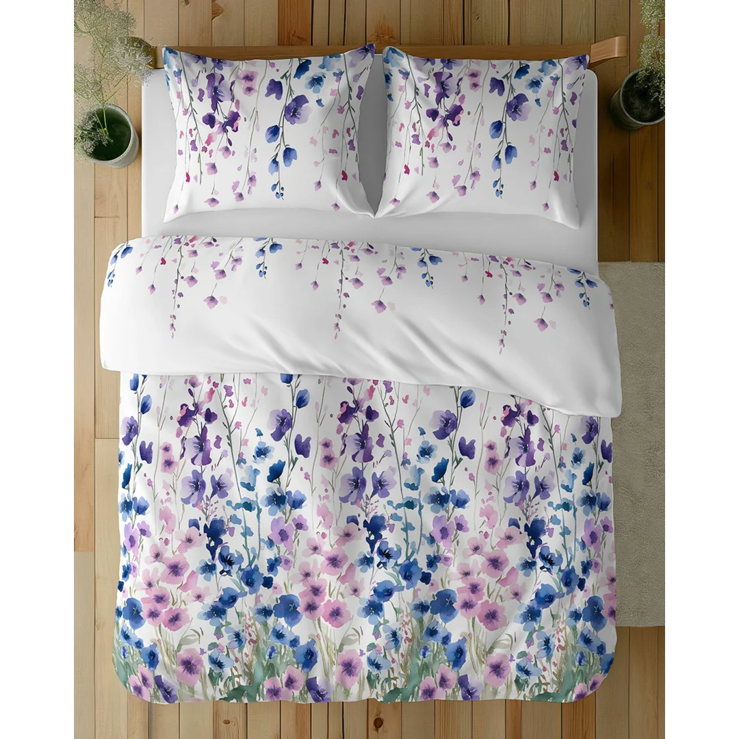 Pościel bawełniana 220x200 biała w niebiesko-fioletowe kwiaty łąkowe - 5759 A - Floral Harmony — zdjęcie 3