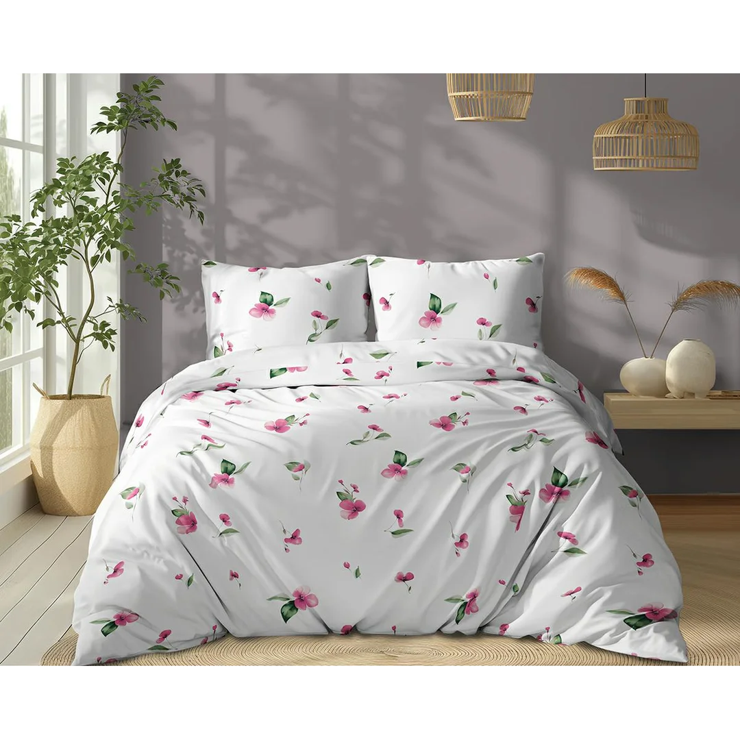 Pościel bawełniana 220x200 biała w różowe kwiaty z zielonymi liśćmi – 5769 A – Cotton Bloom — zdjęcie 2