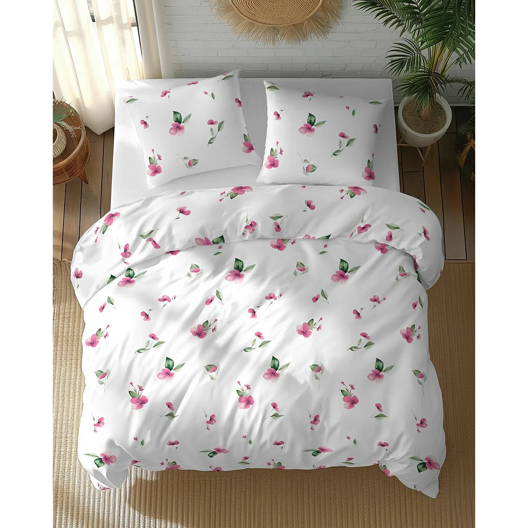 Pościel bawełniana 220x200 biała w różowe kwiaty z zielonymi liśćmi – 5769 A – Cotton Bloom — zdjęcie 3