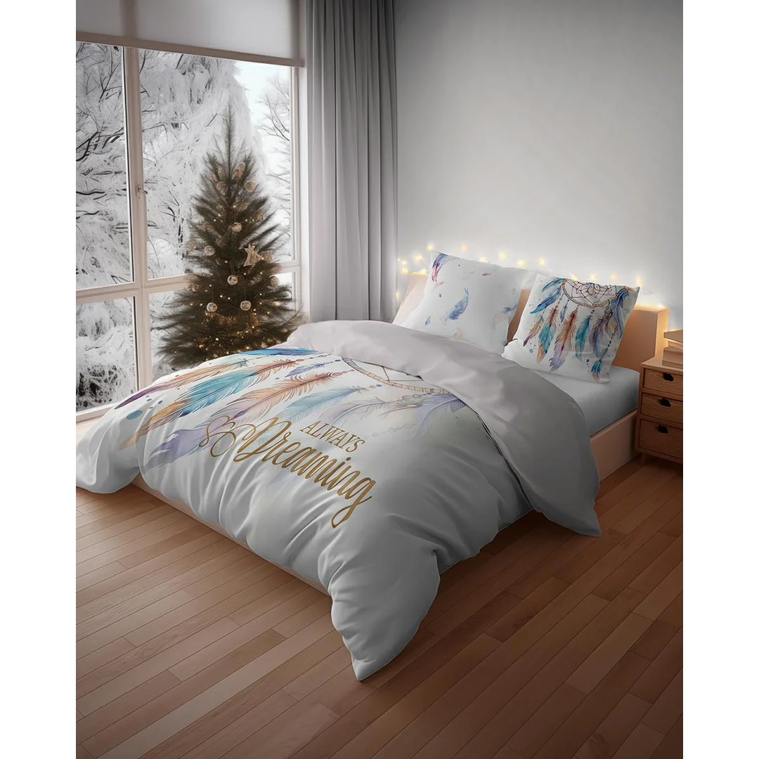 Pościel bawełniana 220x200 biała w stylu boho z łapaczem snów i piórami Always Dreaming – 5834 A – komplet pościeli całorocznej Floral Elegance — zdjęcie 2