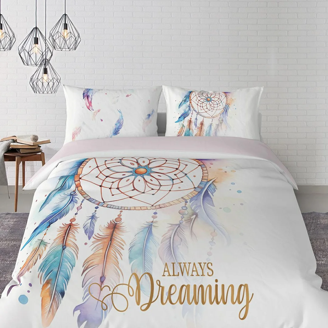 Pościel bawełniana 220x200 biała w stylu boho z łapaczem snów i piórami Always Dreaming – 5834 A – komplet pościeli całorocznej Floral Elegance — zdjęcie 3