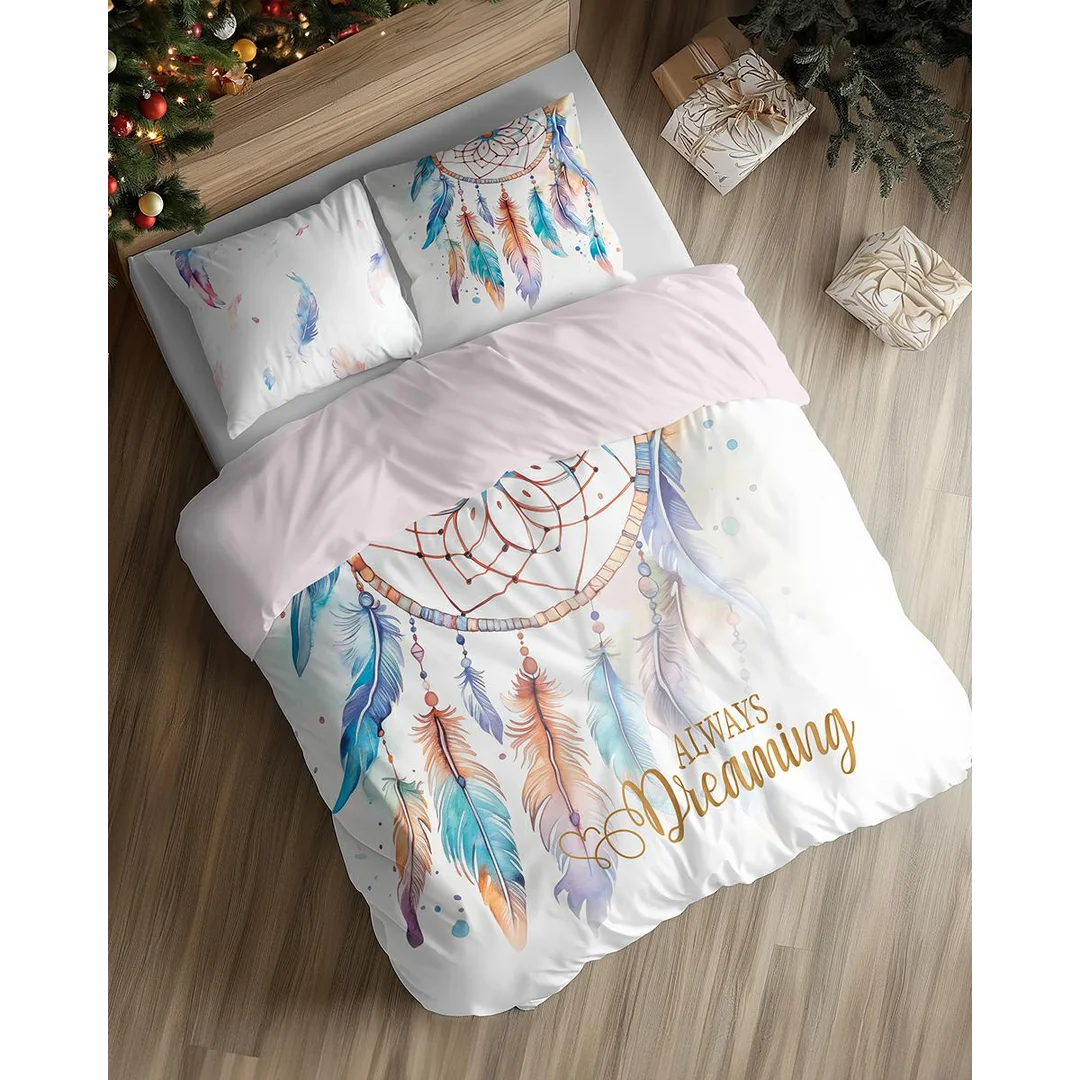Pościel bawełniana 220x200 biała w stylu boho z łapaczem snów i piórami Always Dreaming – 5834 A – komplet pościeli całorocznej Floral Elegance — zdjęcie 4