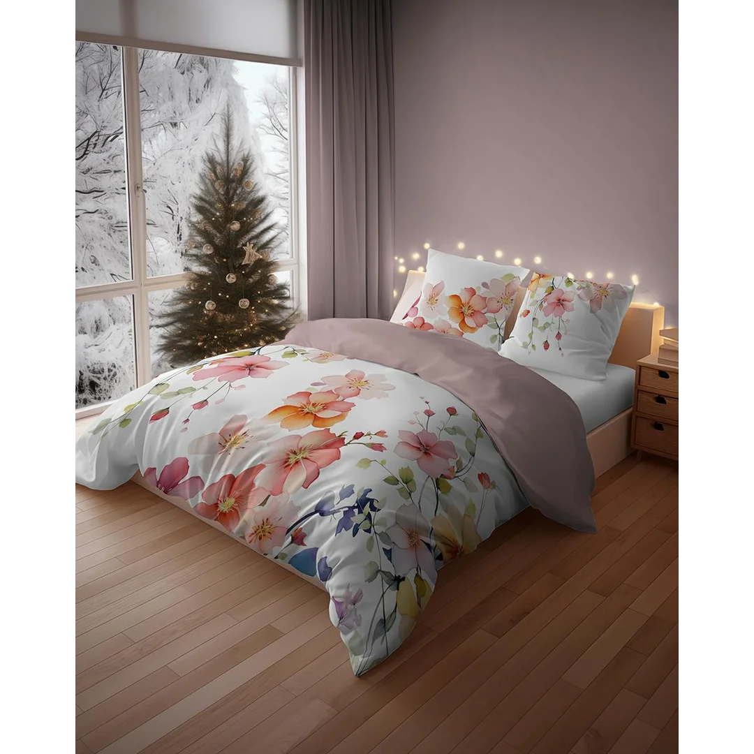 Pościel bawełniana 220x200 biało-różowa dwustronna w pastelowe kwiaty – 5837 A – komplet pościeli całorocznej Floral Elegance — zdjęcie 2