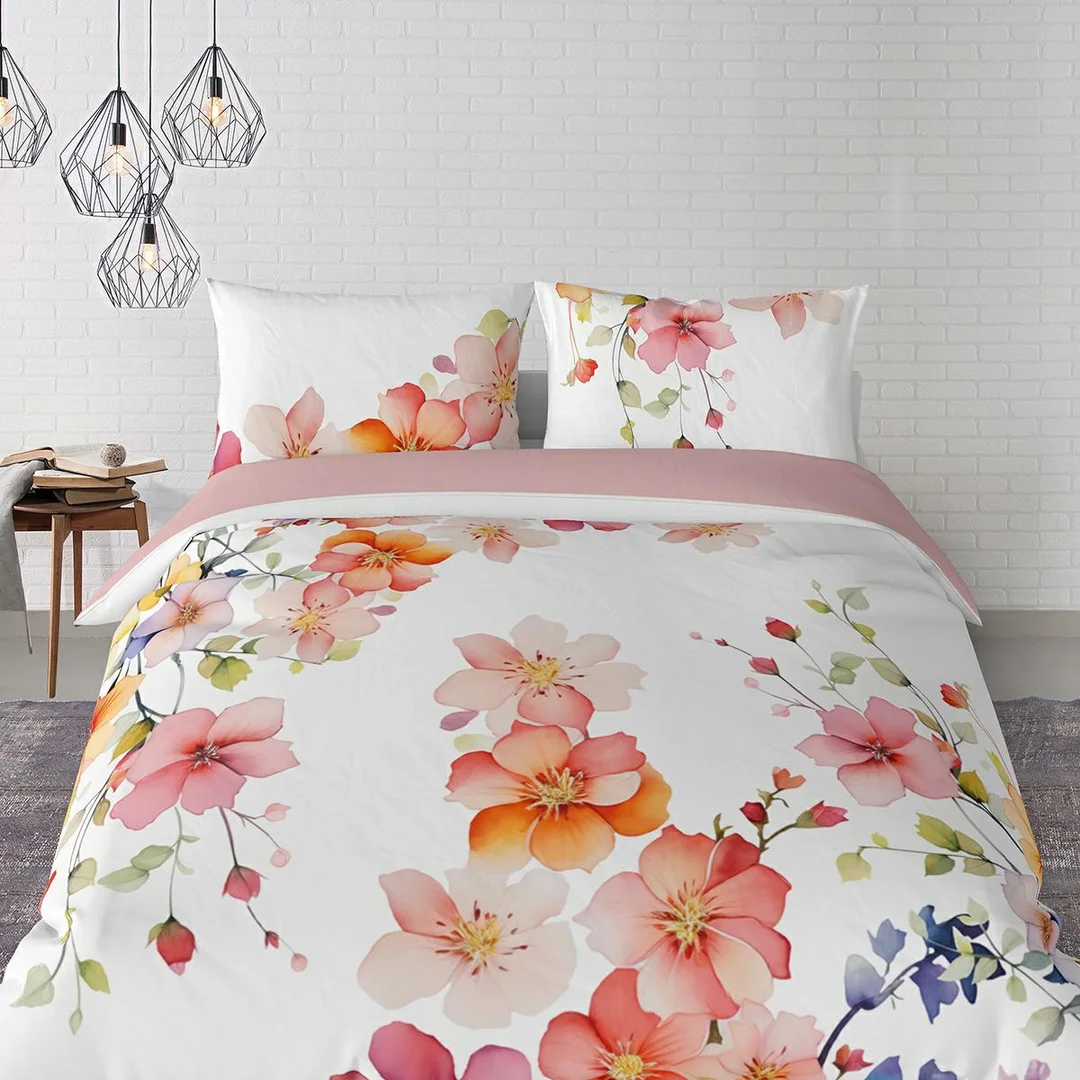 Pościel bawełniana 220x200 biało-różowa dwustronna w pastelowe kwiaty – 5837 A – komplet pościeli całorocznej Floral Elegance — zdjęcie 3