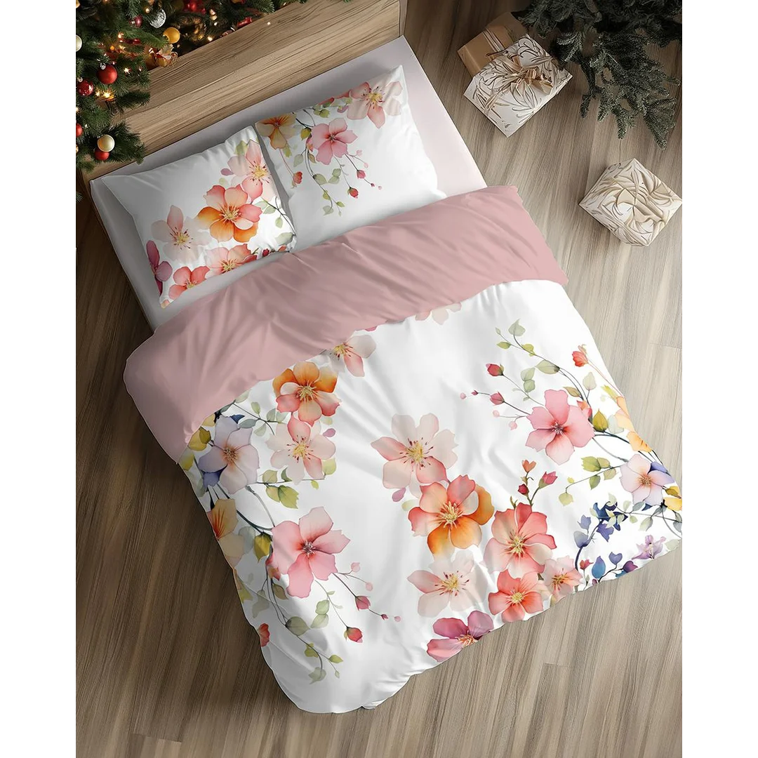 Pościel bawełniana 220x200 biało-różowa dwustronna w pastelowe kwiaty – 5837 A – komplet pościeli całorocznej Floral Elegance — zdjęcie 4
