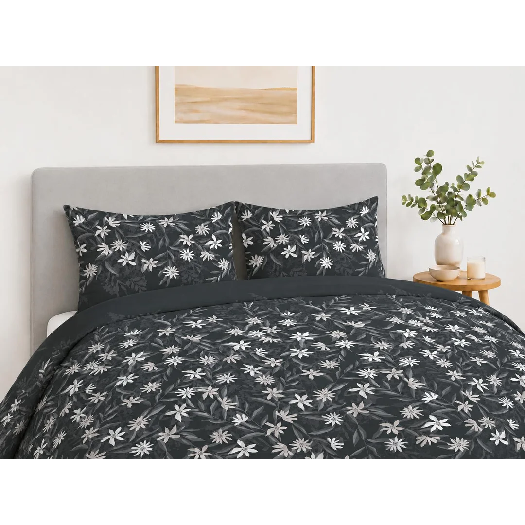 Pościel bawełniana 220x200 czarna w białe kwiaty i szare liście - 5935 B - Botanic Calm — zdjęcie 2
