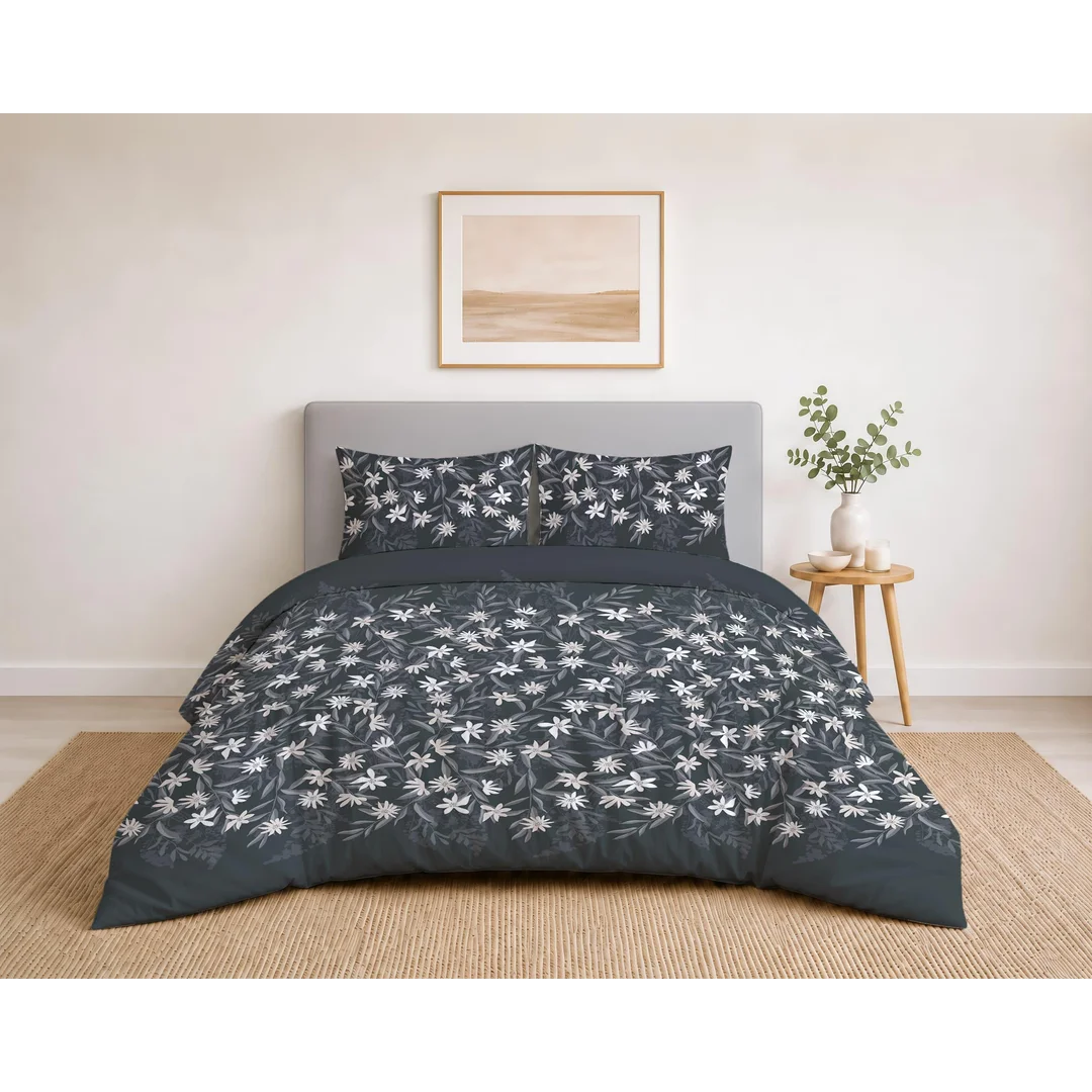 Pościel bawełniana 220x200 czarna w białe kwiaty i szare liście - 5935 B - Botanic Calm — zdjęcie 3