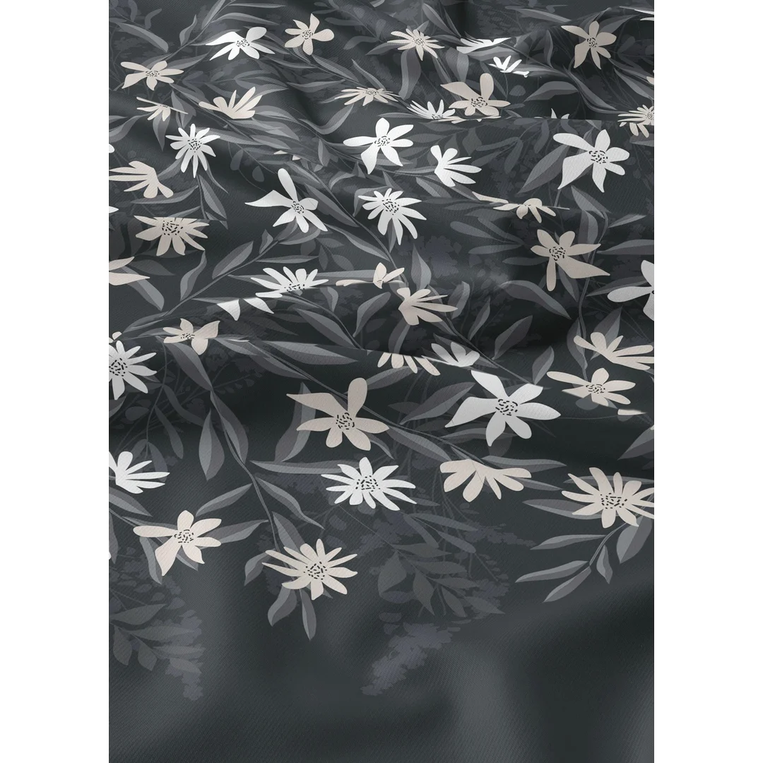 Pościel bawełniana 220x200 czarna w białe kwiaty i szare liście - 5935 B - Botanic Calm — zdjęcie 4