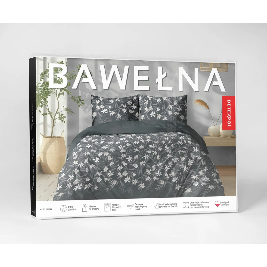 Pościel bawełniana 220x200 czarna w białe kwiaty i szare liście - 5935 B - Botanic Calm — zdjęcie 5