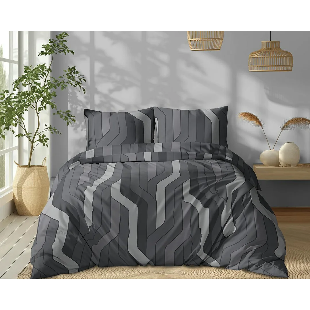 Pościel bawełniana 220x200 grafitowa w geometryczny wzór w linie - 5753 B - Floral Harmony — zdjęcie 2
