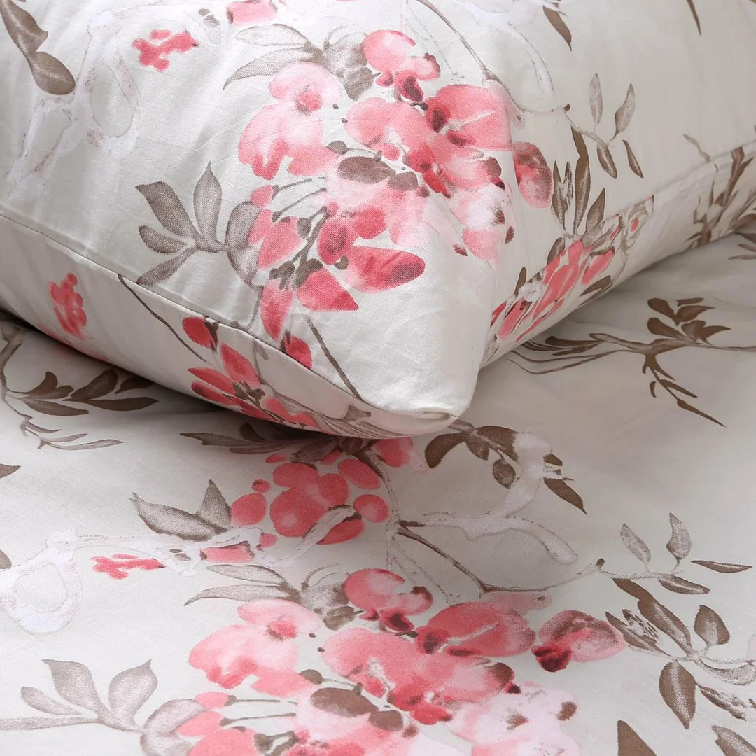 Pościel bawełniana 220x200 jasna szara w różowe kwiaty i brązowe gałązki – CottonLove — zdjęcie 2
