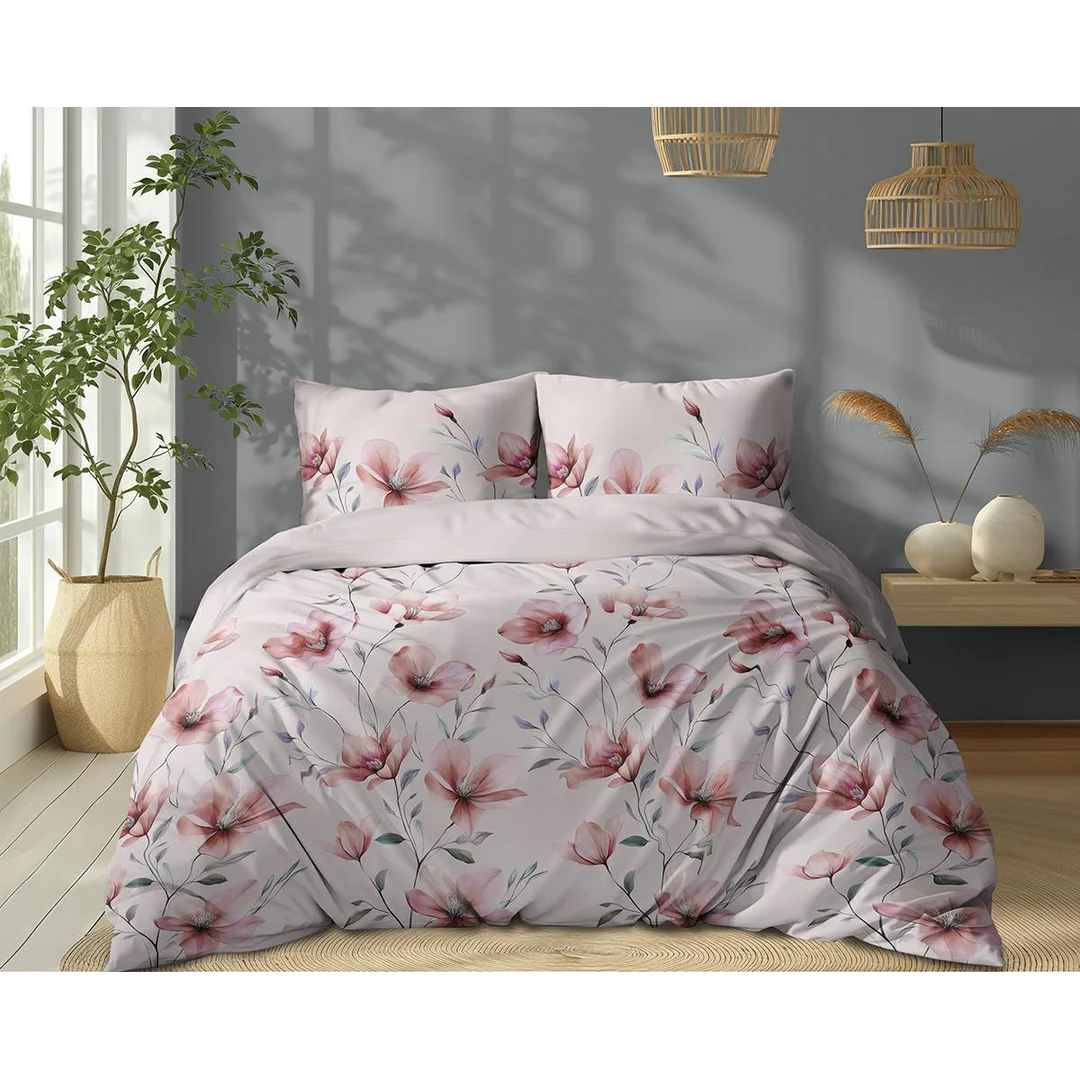 Pościel bawełniana 220x200 jasnoróżowa w kwiaty magnolii - 5752 A - Floral Harmony — zdjęcie 2