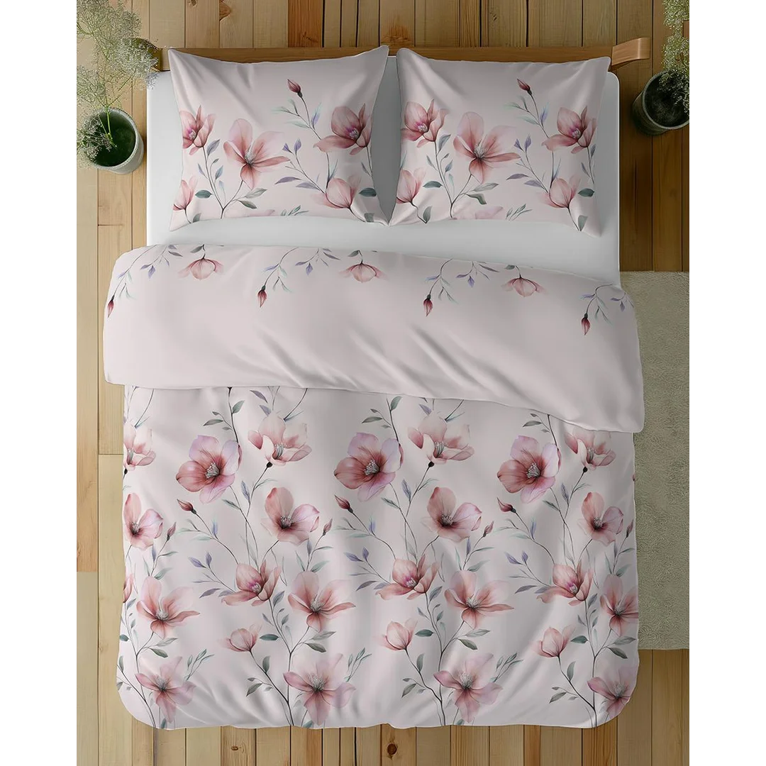 Pościel bawełniana 220x200 jasnoróżowa w kwiaty magnolii - 5752 A - Floral Harmony — zdjęcie 3