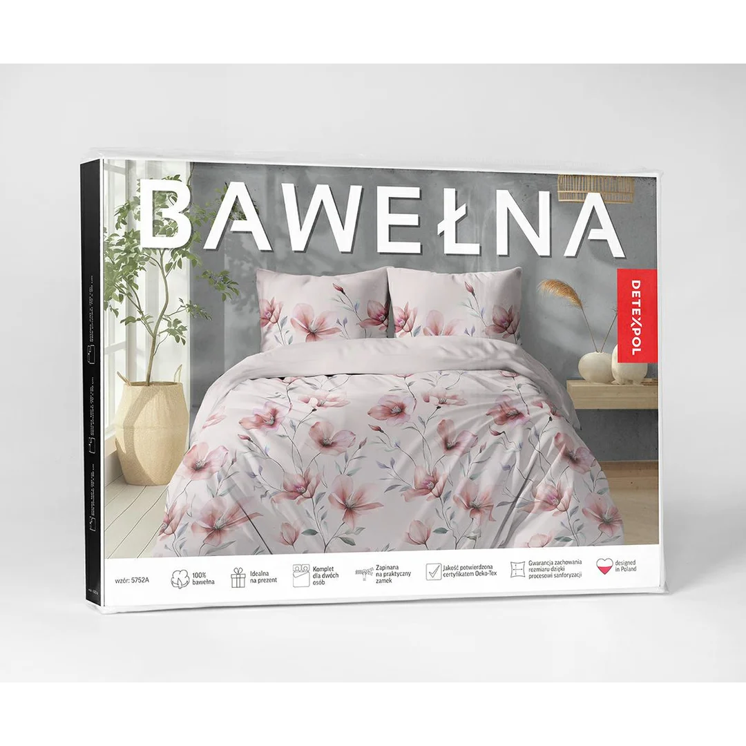 Pościel bawełniana 220x200 jasnoróżowa w kwiaty magnolii - 5752 A - Floral Harmony — zdjęcie 4