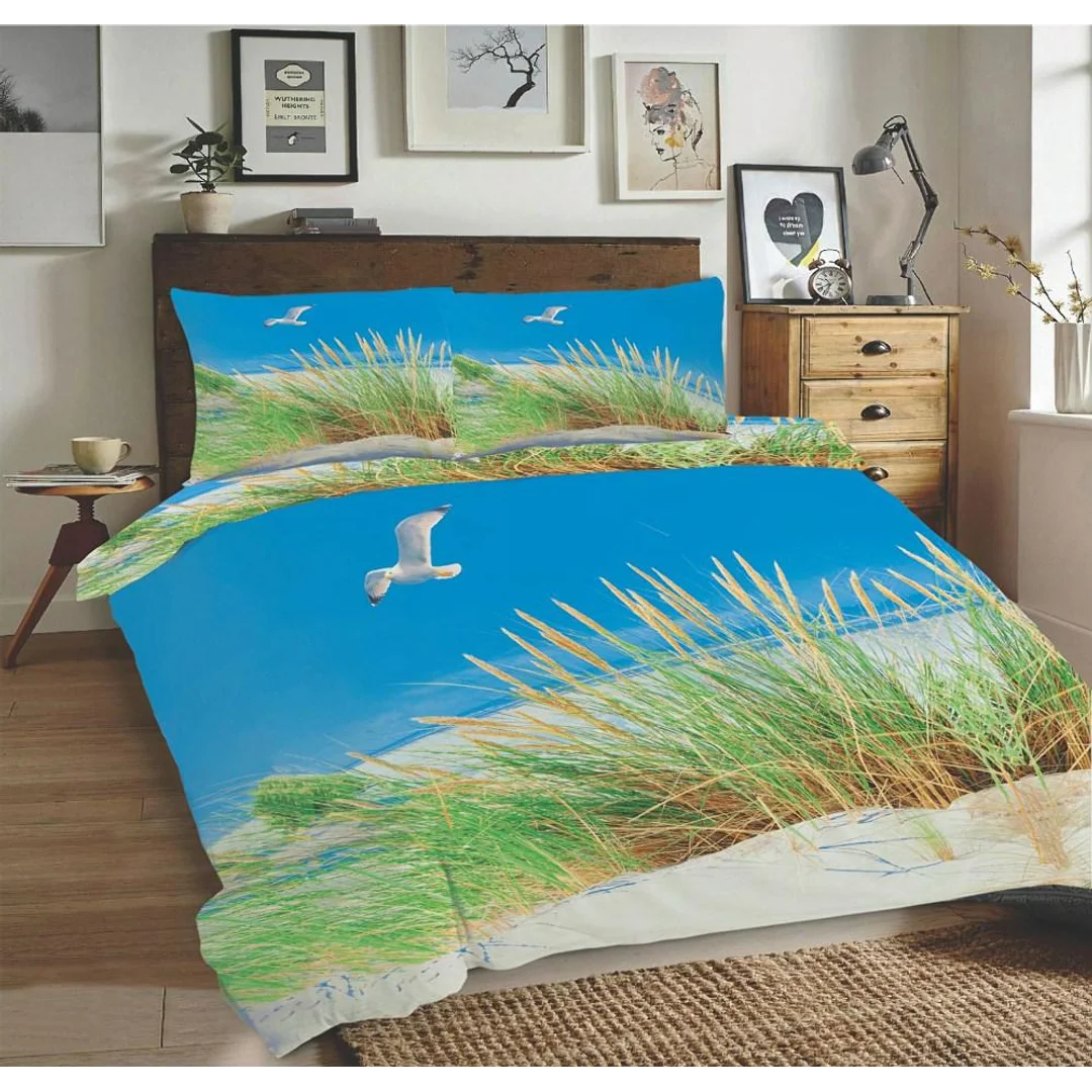 Pościel bawełniana 220x200 Plaża mewy trawa niebieska zielona Universal Matex — zdjęcie 4