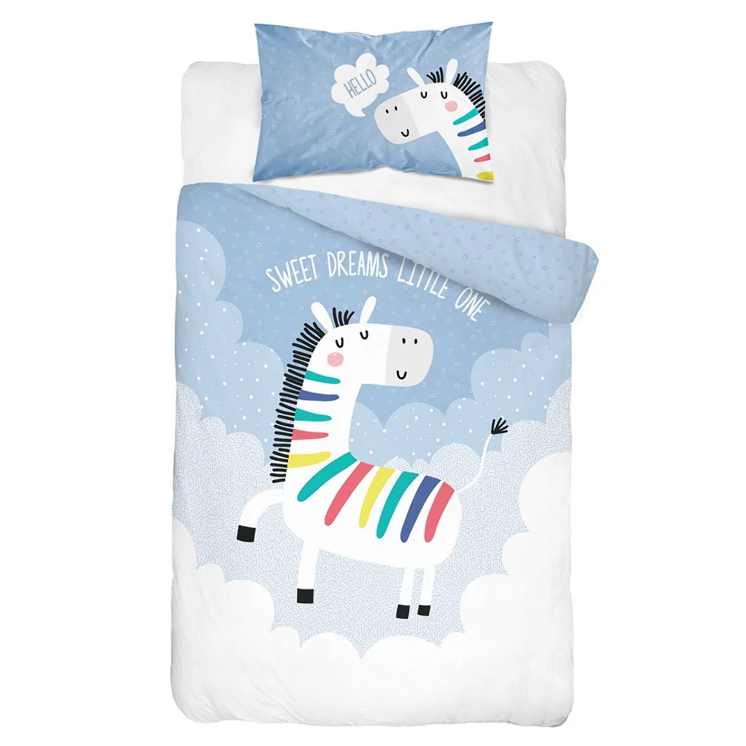 Pościel bawełniana 90x120 Jednorożec 3614 A niebieska biała chmury tęcza dziecięca Kids 1 — zdjęcie 2