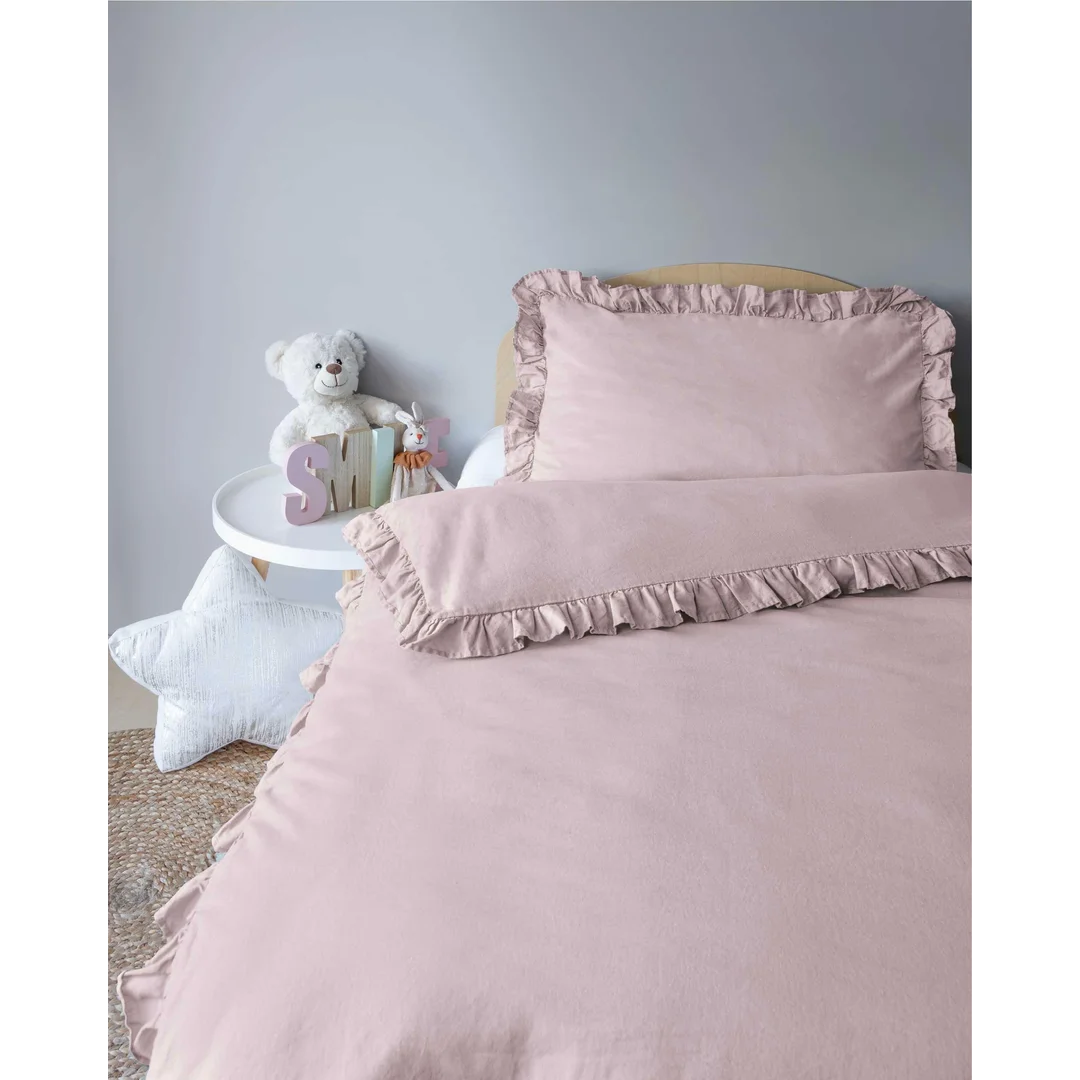 Pościel bawełniana 90x120 różowa dziecięca jednobarwna z falbanką - Pure Kids — zdjęcie 2