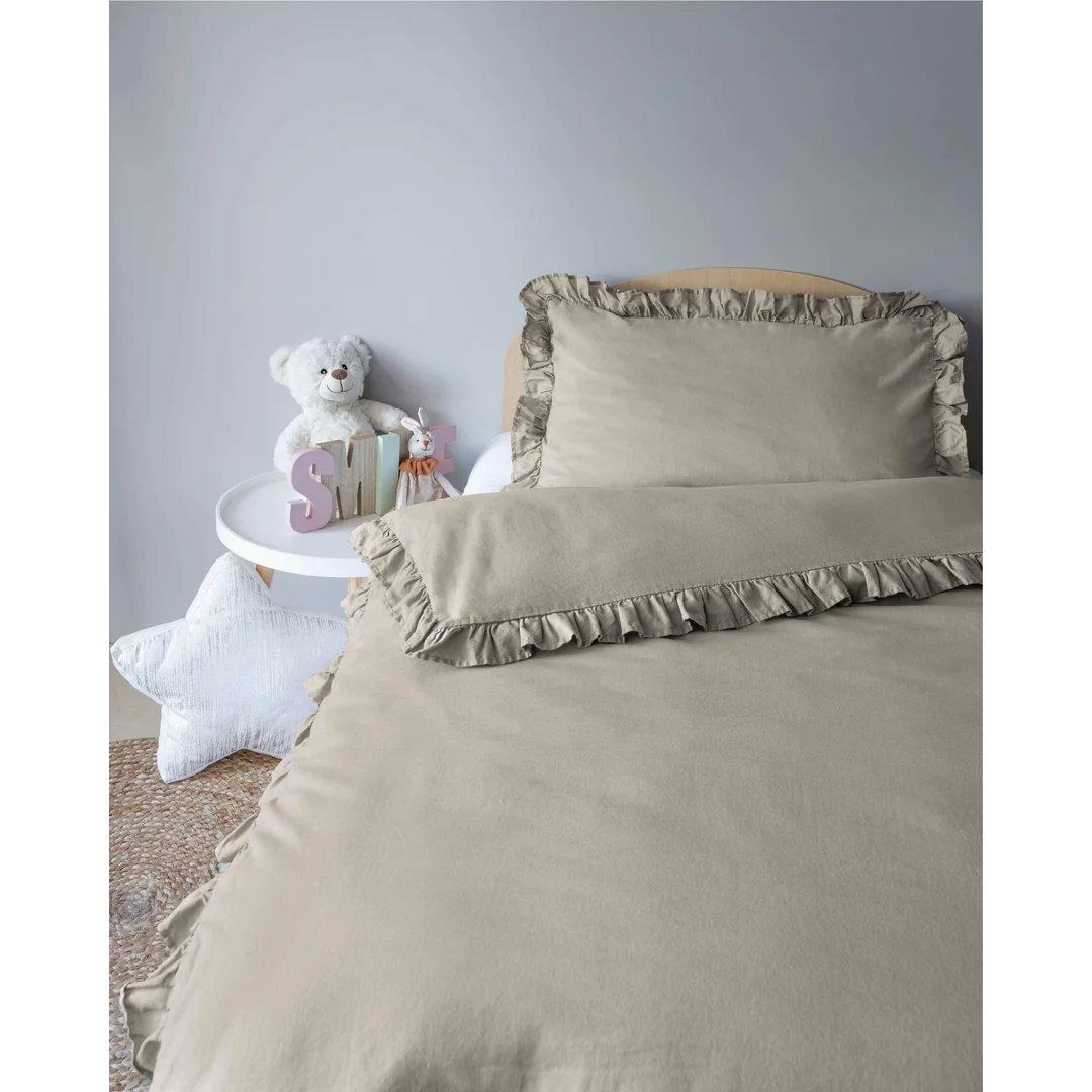 Pościel bawełniana 90x120 taupe dziecięca jednobarwna z falbanką - Pure Kids — zdjęcie 2