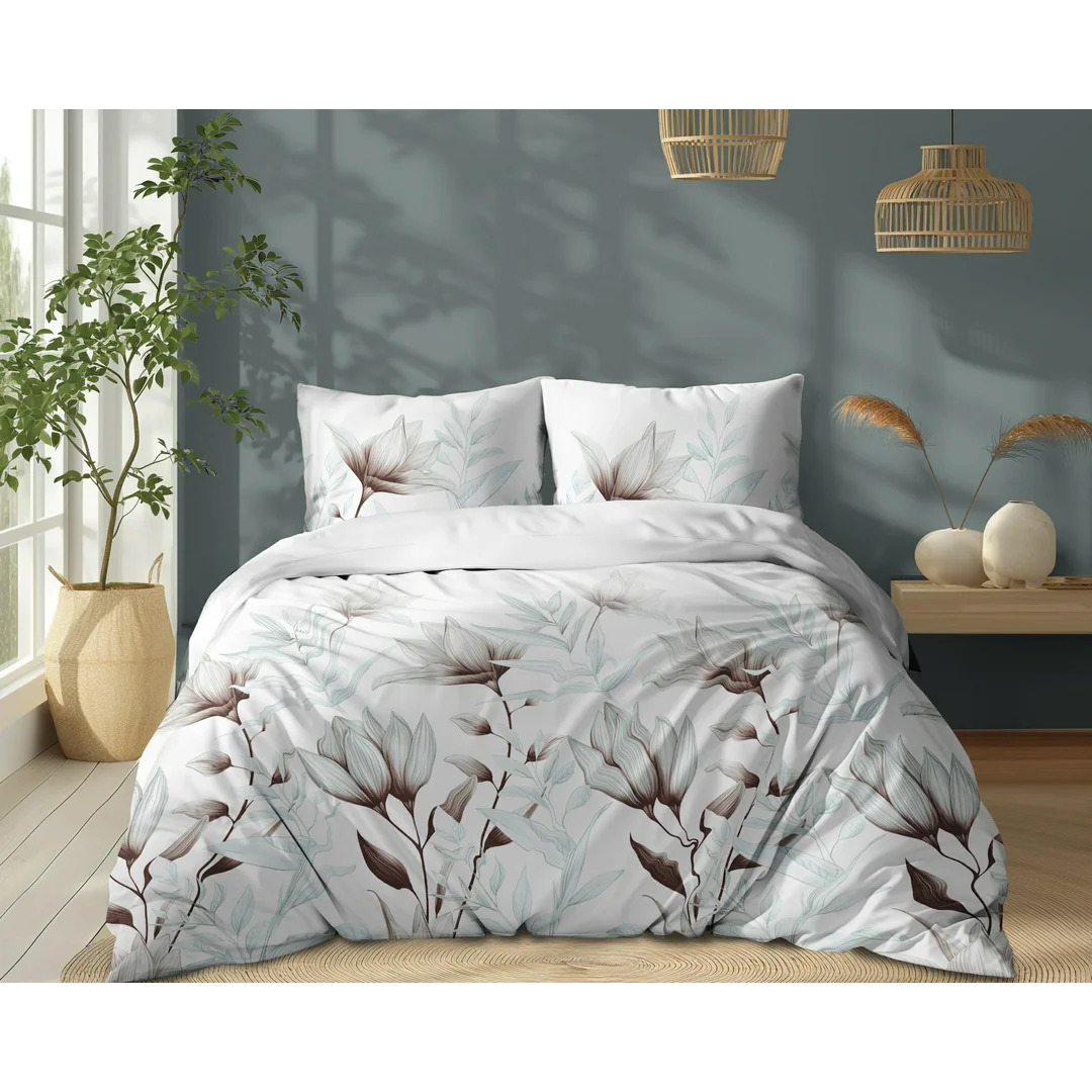 Pościel bawełniana biała w kwiaty i liście miętowo-brązowe – 220x200 cm – kolekcja Naturalis – wzór 5494 B — zdjęcie 2