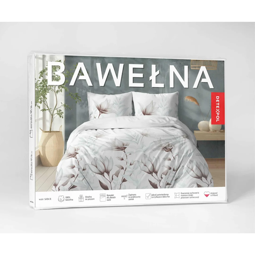 Pościel bawełniana biała w kwiaty i liście miętowo-brązowe – 220x200 cm – kolekcja Naturalis – wzór 5494 B — zdjęcie 4