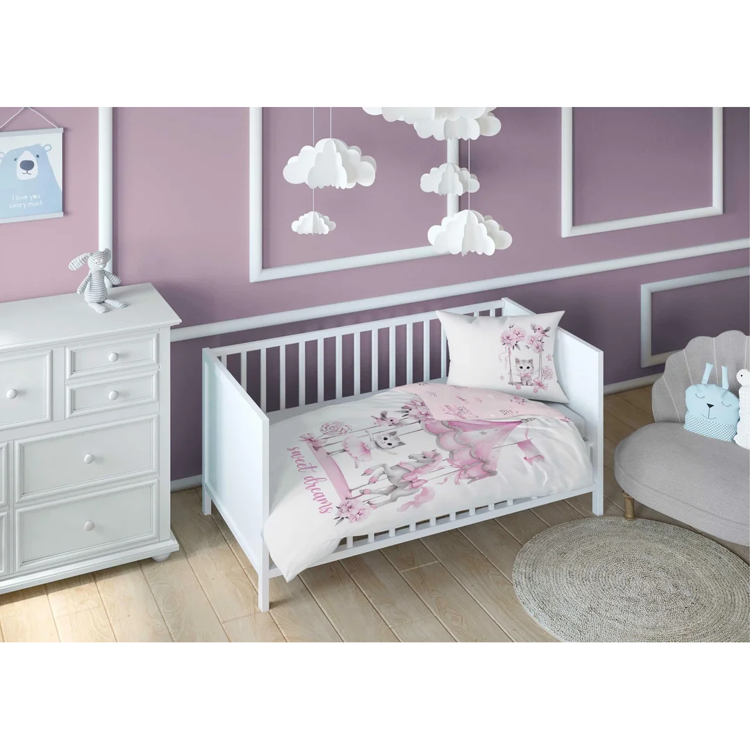 Pościel bawełniana dziecięca 100x135 do łóżeczka - 5510 B - z motywem karuzeli jasny pudrowy róż - Sweet Dreams — zdjęcie 3