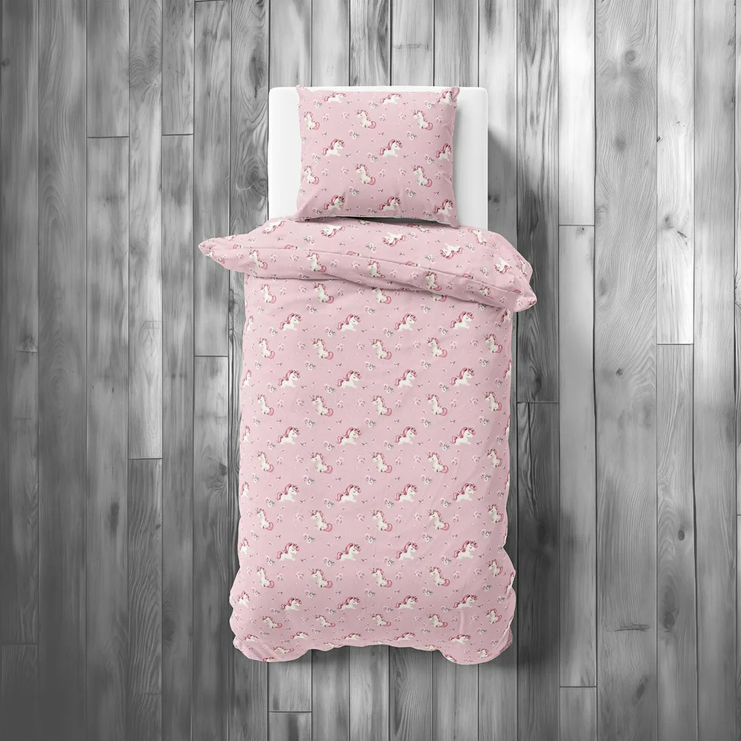 Pościel bawełniana dziecięca 140x200 – 5729A – różowa w białe jednorożce i kwiatki – KidsDreams — zdjęcie 2