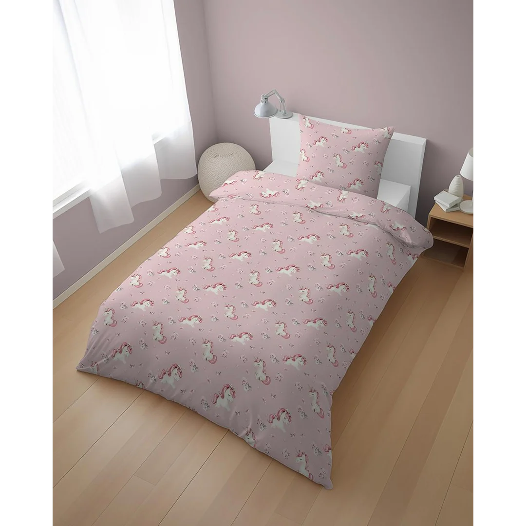 Pościel bawełniana dziecięca 140x200 – 5729A – różowa w białe jednorożce i kwiatki – KidsDreams — zdjęcie 3