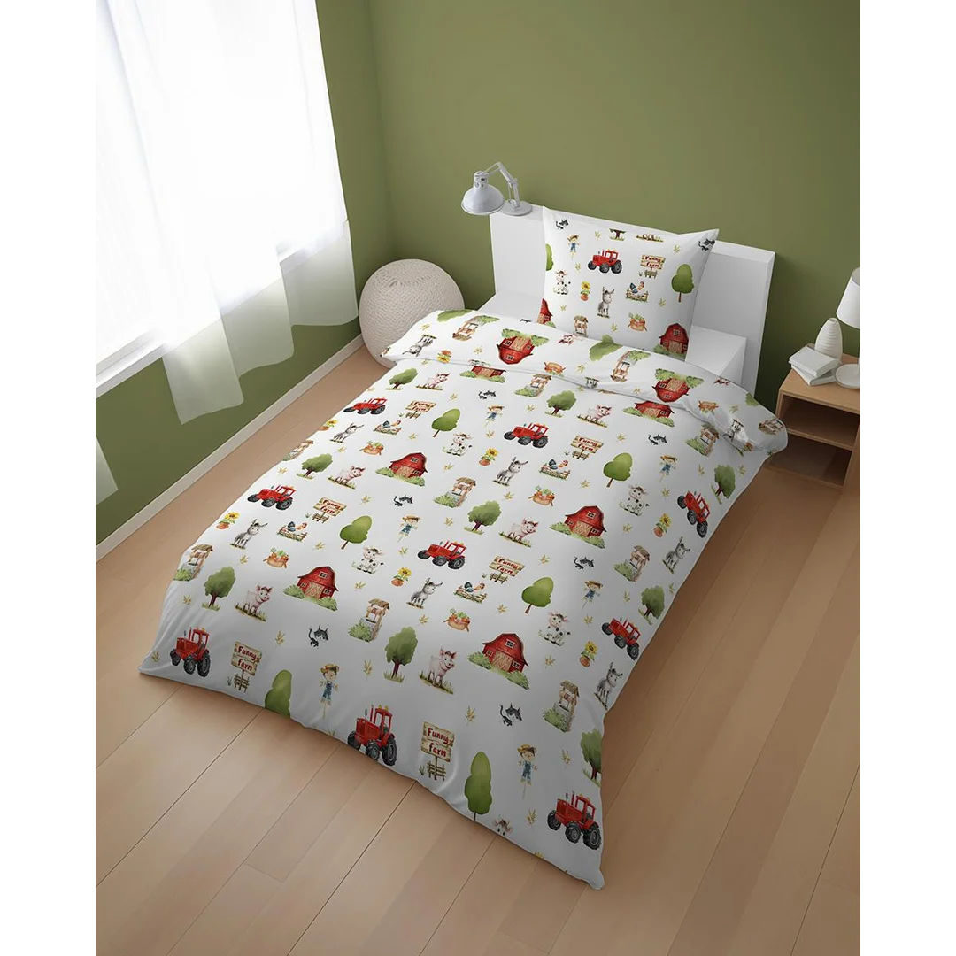 Pościel bawełniana dziecięca 160x200 – 5728A – biała w motyw wesołej farmy i czerwony traktor – KidsDreams — zdjęcie 3