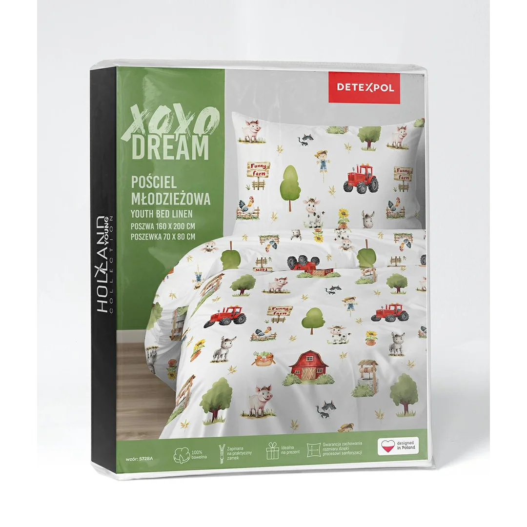 Pościel bawełniana dziecięca 160x200 – 5728A – biała w motyw wesołej farmy i czerwony traktor – KidsDreams — zdjęcie 7