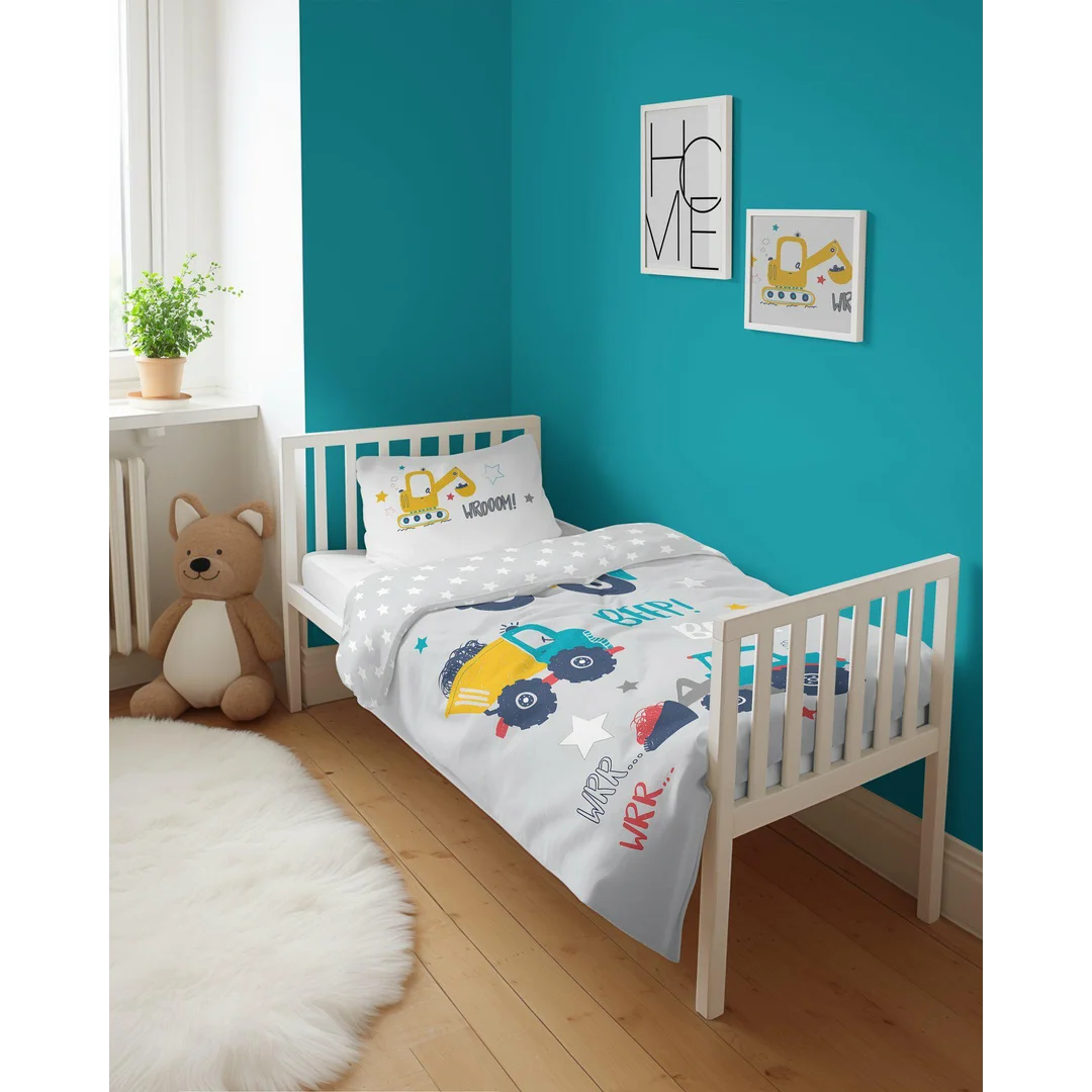 Pościel bawełniana dziecięca 90x120 cm Auta Budowlane szara – MAYAMOO – wzór 5134 B — zdjęcie 2