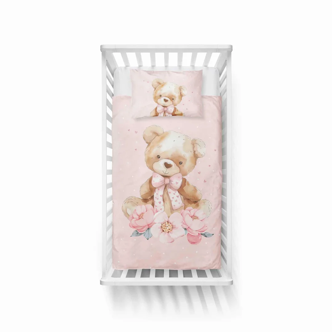 Pościel bawełniana dziecięca 90x120 do łóżeczka - 5506 A - z misiem pudrowy róż - Sweet Dreams — zdjęcie 2