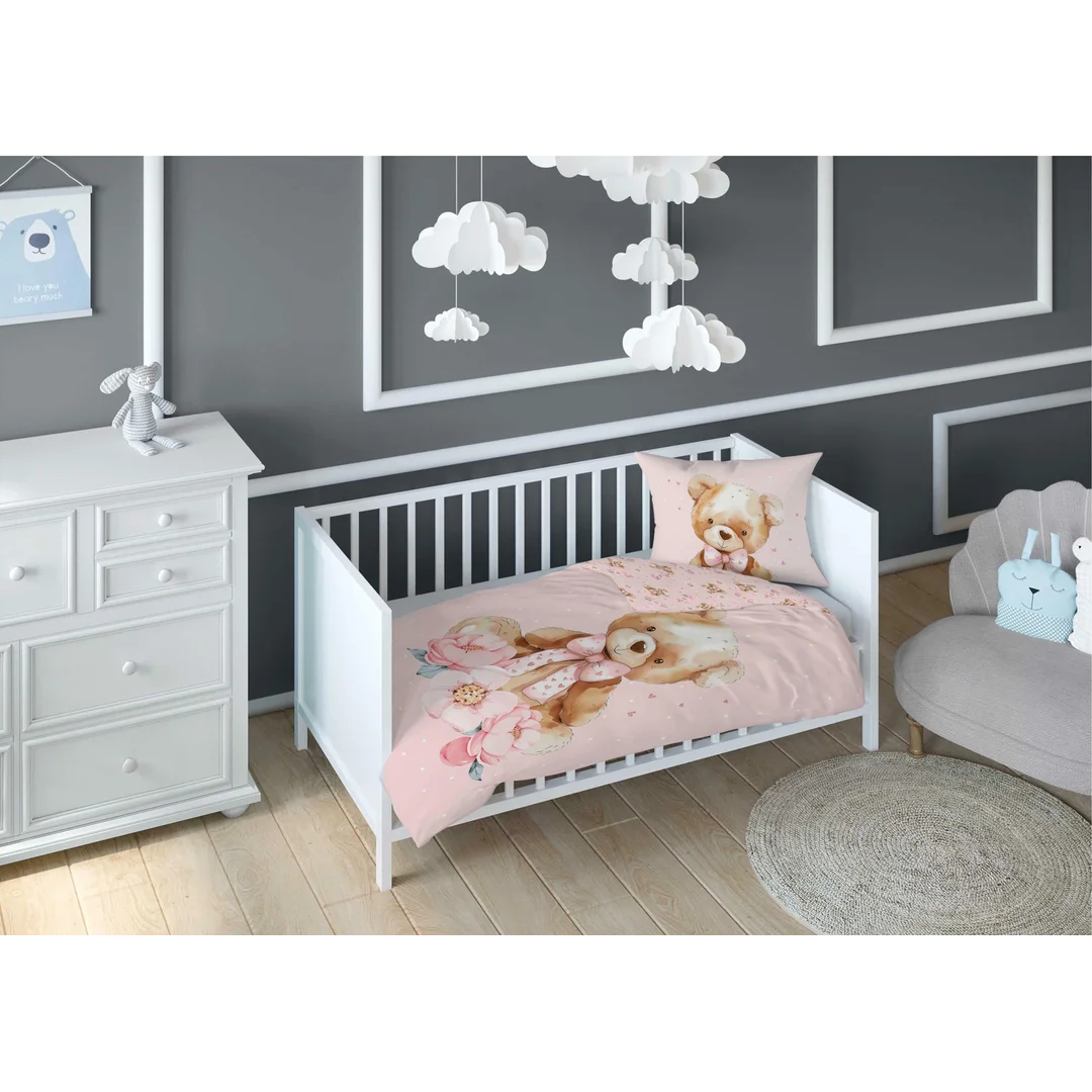Pościel bawełniana dziecięca 90x120 do łóżeczka - 5506 A - z misiem pudrowy róż - Sweet Dreams — zdjęcie 3