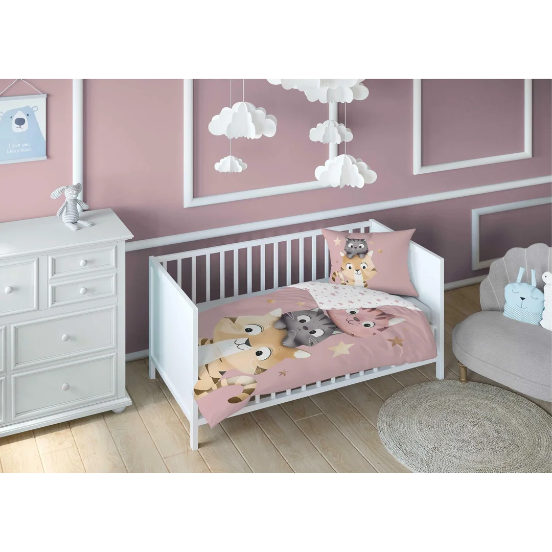 Pościel bawełniana dziecięca 90x120 do łóżeczka - 5514 B - z kotkami pudrowy róż - Sweet Dreams — zdjęcie 3