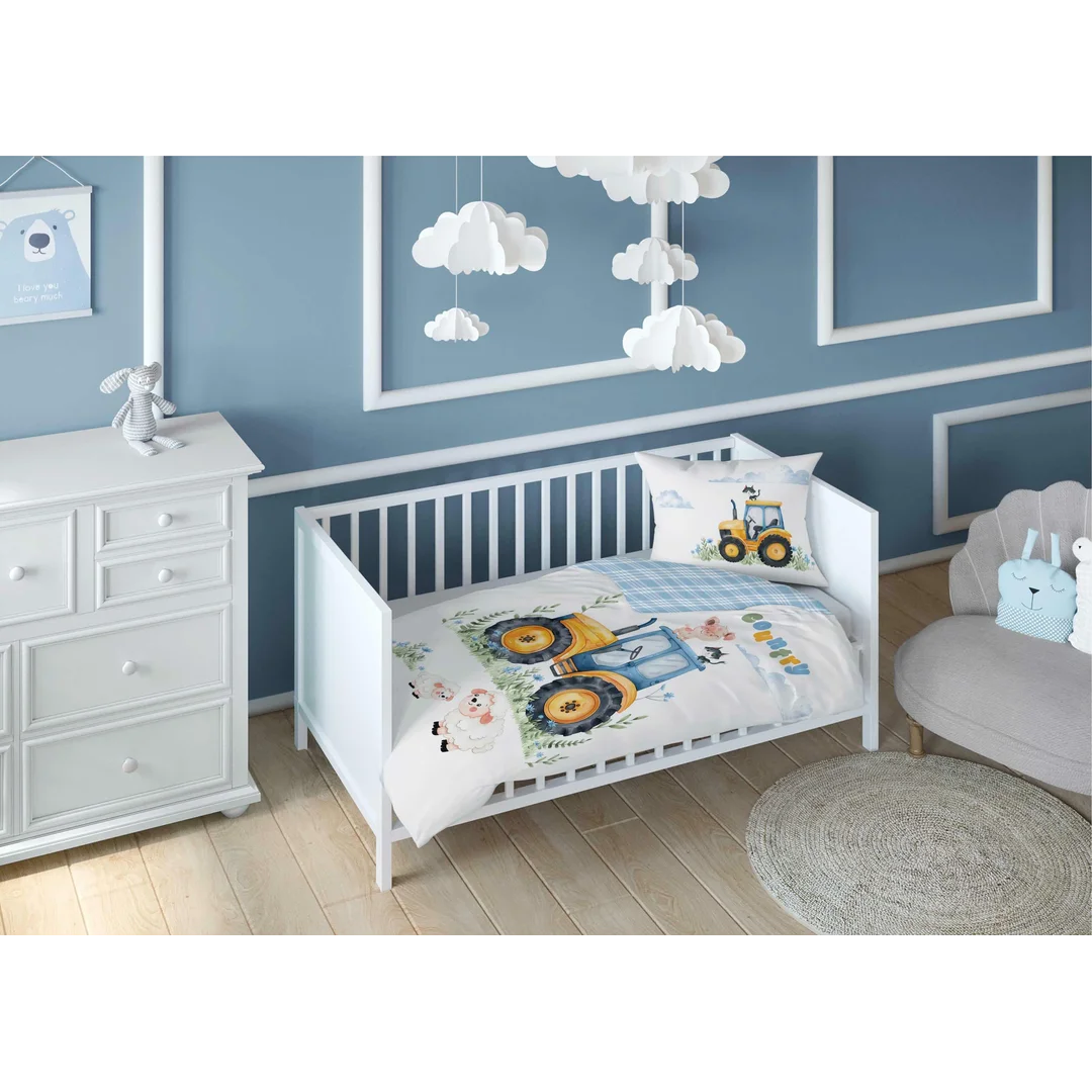 Pościel bawełniana dziecięca 90x120 do łóżeczka - 5519 A - z traktorem błękitna krata - Sweet Dreams — zdjęcie 3