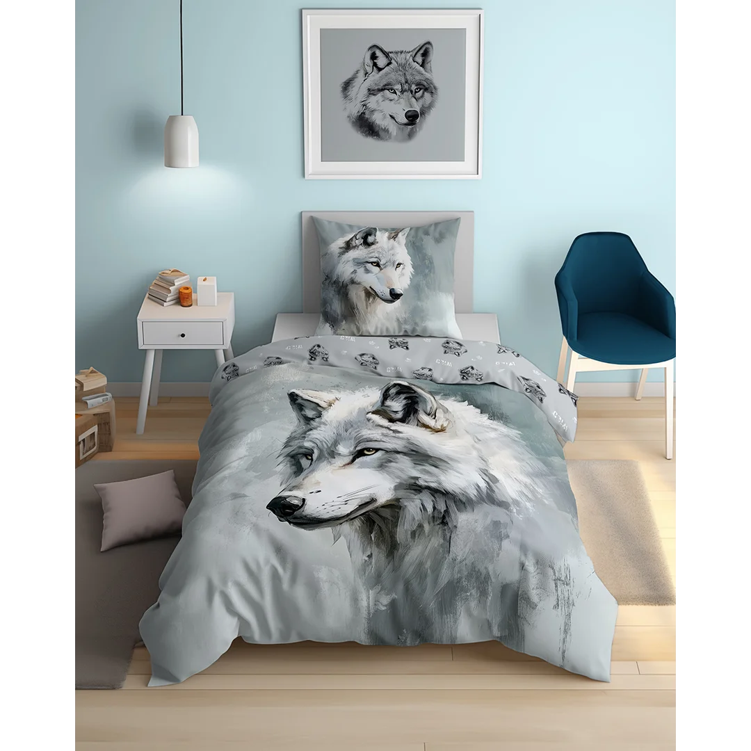 Pościel bawełniana młodzieżowa 140x200 - 5699 A - szara z realistycznym wilkiem i intensywnym spojrzeniem - Cotton Junior Collection — zdjęcie 2