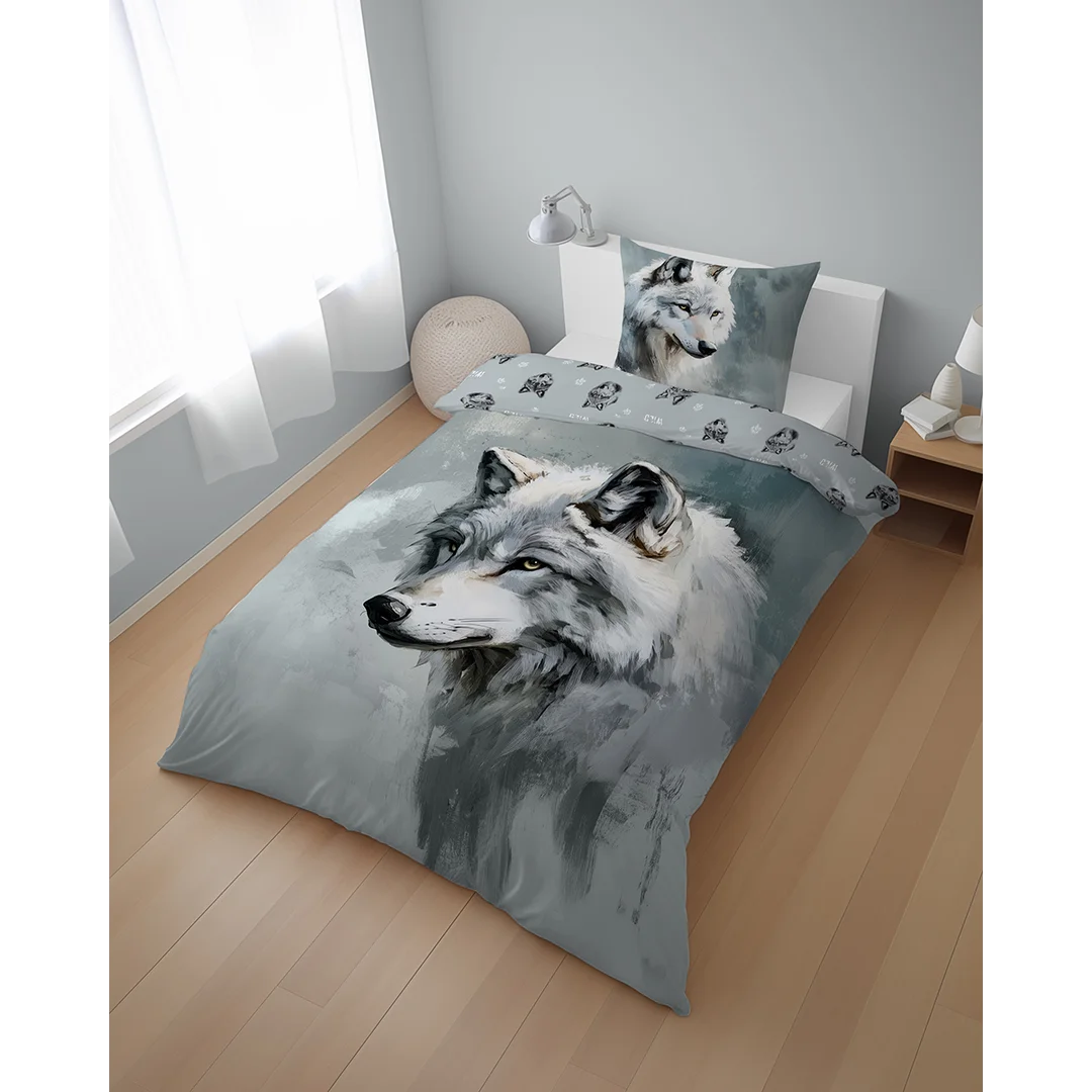 Pościel bawełniana młodzieżowa 140x200 - 5699 A - szara z realistycznym wilkiem i intensywnym spojrzeniem - Cotton Junior Collection — zdjęcie 4