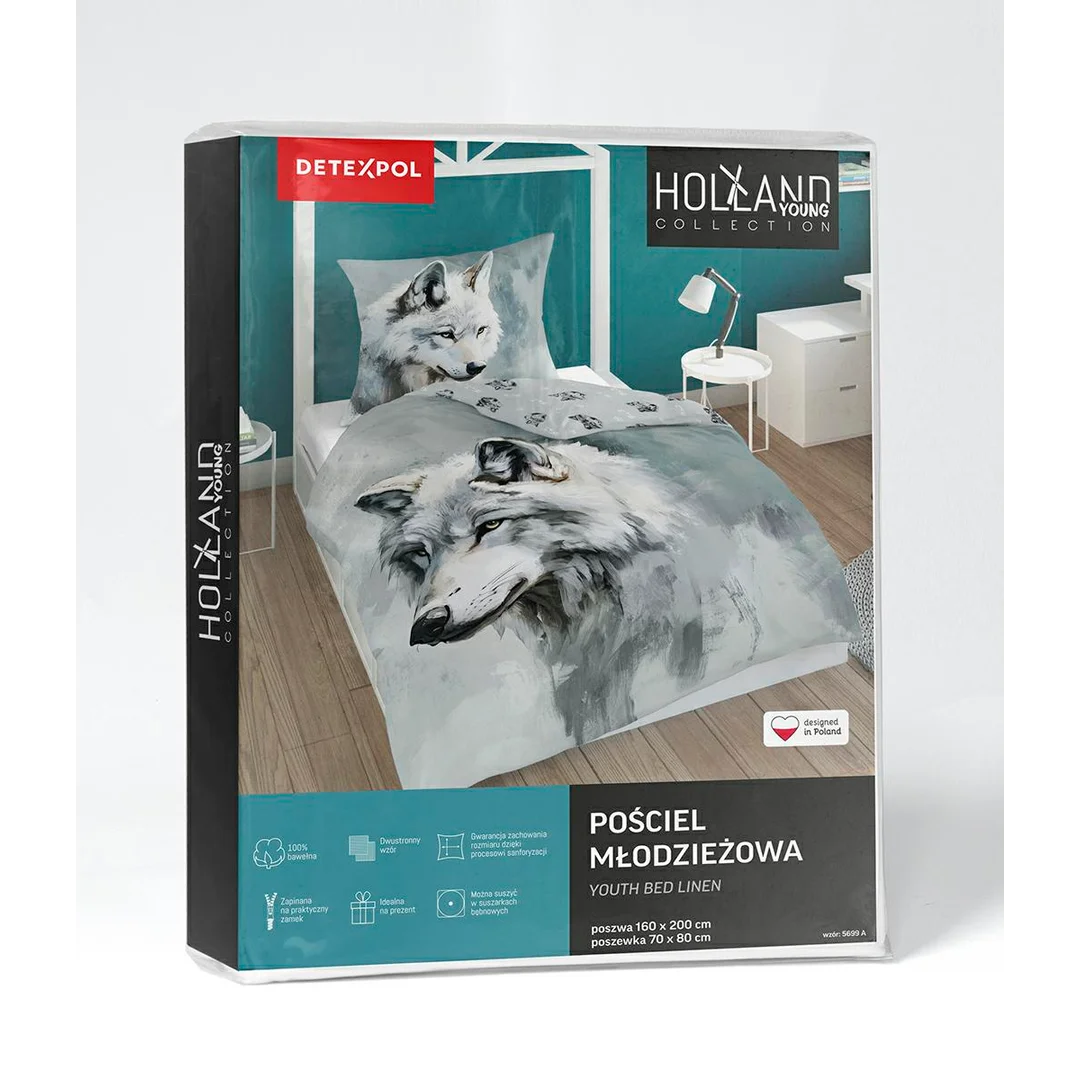 Pościel bawełniana młodzieżowa 140x200 - 5699 A - szara z realistycznym wilkiem i intensywnym spojrzeniem - Cotton Junior Collection — zdjęcie 5