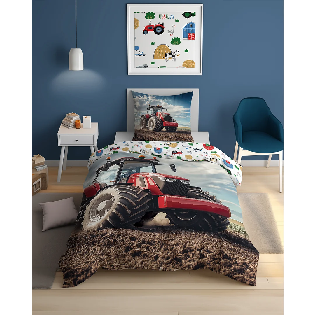Pościel bawełniana młodzieżowa 140x200 - 5700 A - z czerwonym traktorem rolniczym na polu - Cotton Junior Collection — zdjęcie 2
